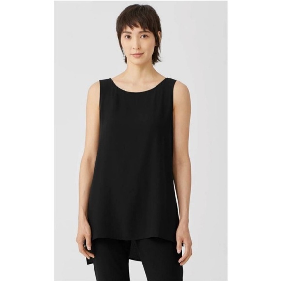 Eileen Fisher Silk Georgette Crepe Bateau Neck Tank Black Size Small - Picture 1 of 11